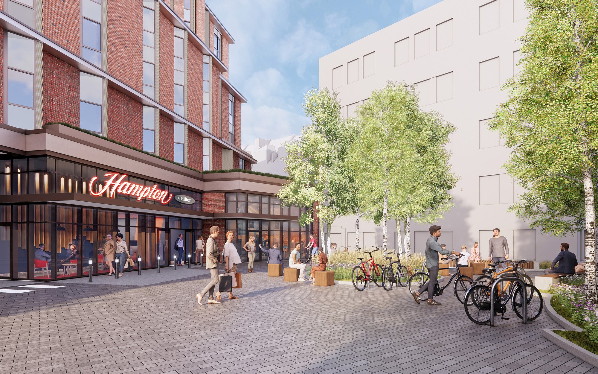CGI of the same view of the scheme at 2 Empire Mews with Hampton by Hilton signage at the entrance