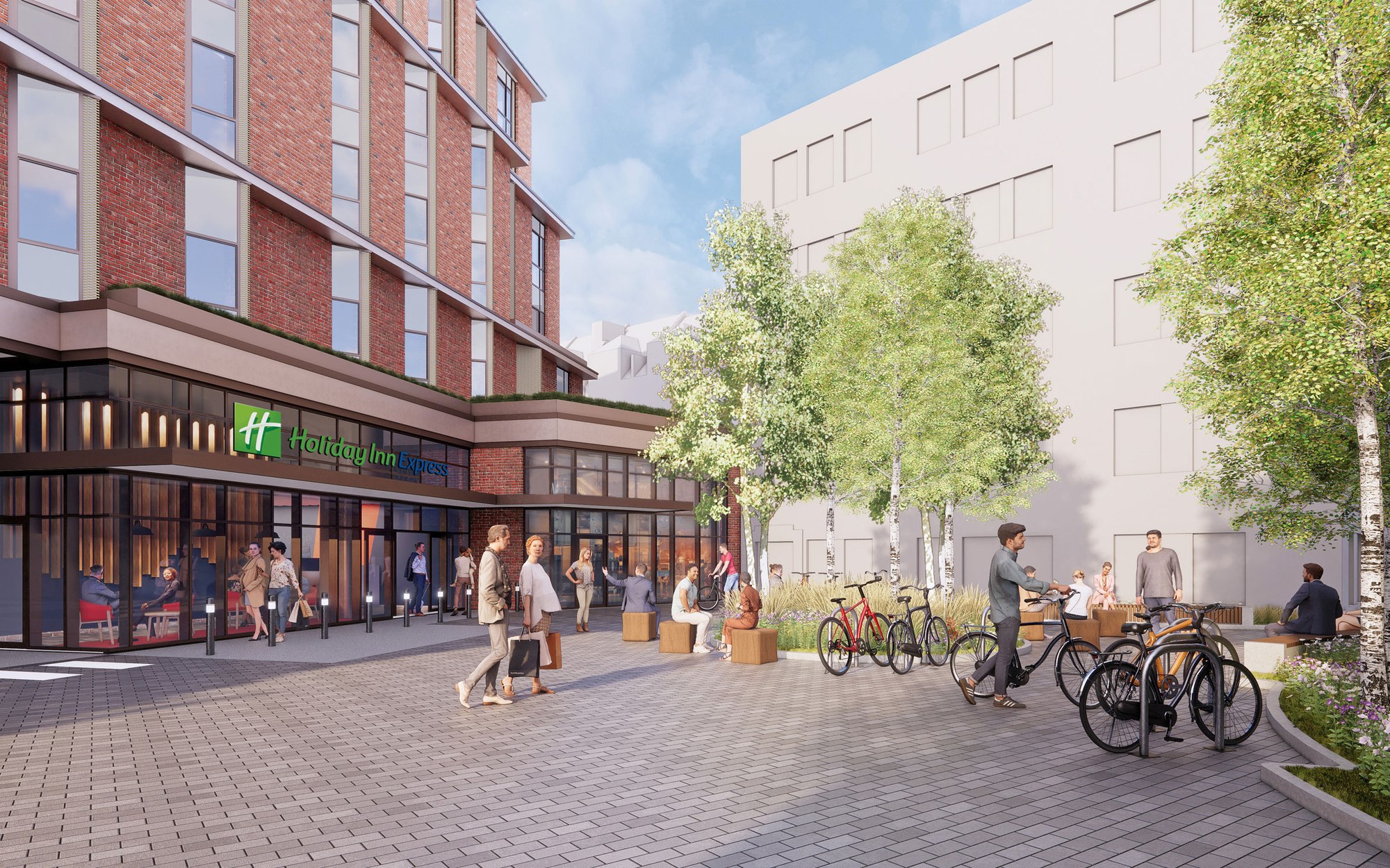 CGI of the same view of the scheme at 2 Empire Mews with Holiday Inn Express signage at the entrance