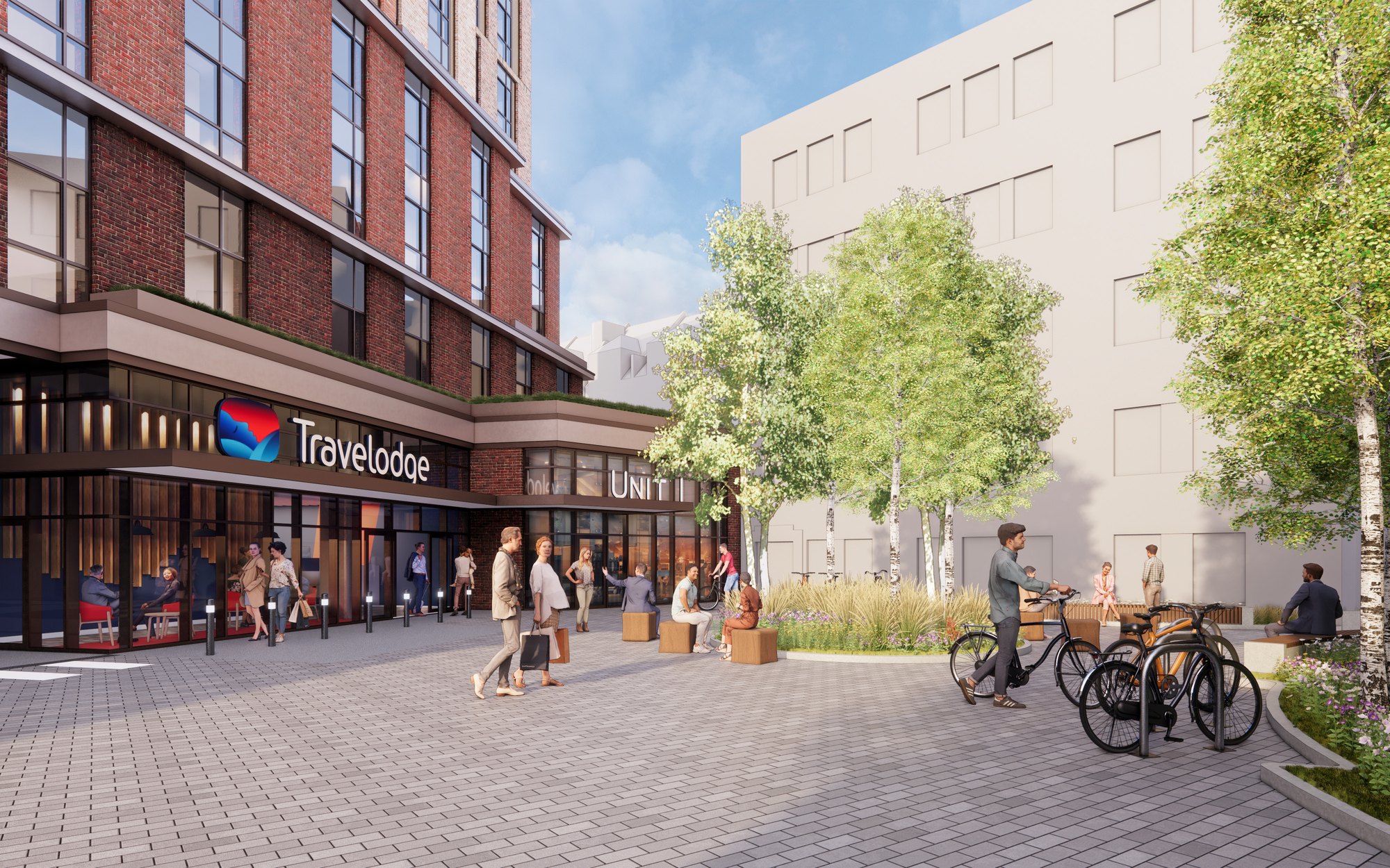 CGI of the consented scheme at 2 Empire Mews with Travelodge signage at the entrance